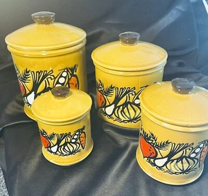 VINTAGE SET /4 MID CENTURY MODERN YELLOW VEGETABLE HARVEST CERAMIC CANISTERS - Picture 1 of 11
