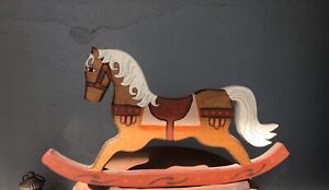 VINTAGE WOODEN CARVED  ROCKING HORSE PRIMITIVE FOLK ART DECOR HANDPAINTED