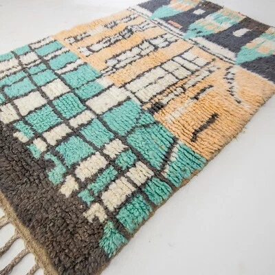 Vintage Moroccan Rug: Handmade Wool Turquoise Salmon Berber Tribal Azilal Carpet - Image 1 of 4
