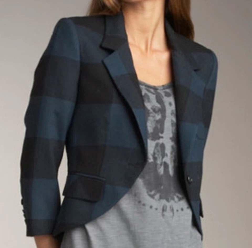 Блейзер шерстяной укороченный Elizabeth & James Teal Black Buffalo Check размер 4 - Изображение 1 из 4