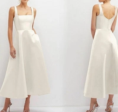 Dessy коллекции квадратный воротник атласный Midi платье w/полная юбка, кремовый белый, размер 8 - Изображение 1 из 4