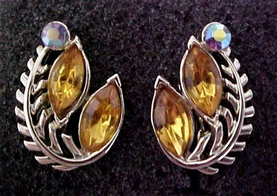 STAR Brand GoldTone Marquise Citrine Glass & AB Rhinestones Earrings Screw VTG - Image 1 of 4