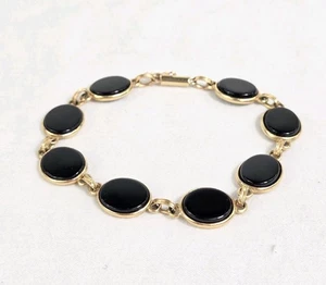 Conjunto de bisel ovalado de oro amarillo de 14kt vintage brazalete de eslabones de ónix cierre de seguridad de 7" - Imagen 1 de 18