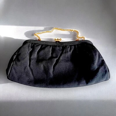 Black Silk Taffeta Evening Bag 1950s Hollywood Regency Crown Clasp Gold Chain - Изображение 1 из 4