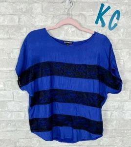 EXPRESS SILKY FEEL LACE STRIPE SHORT SLEEVE TOP BLOUSE BLUE BLACK SZ XS - Picture 1 of 4