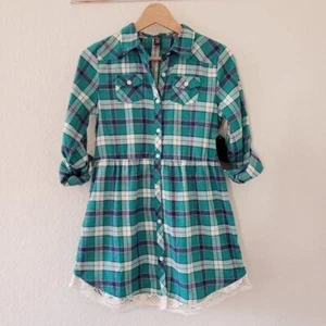 Star Ride Plaid Dress With Tab Sleeves & Lace Trim - Size L (14/16) - Picture 1 of 5