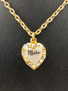 NEW OLD STOCK 1970S goldtone M O P AB STONES MOTHER heart pendant necklace - Picture 1 of 7