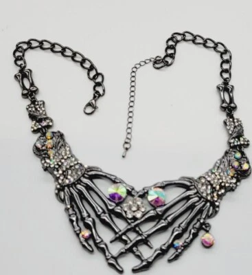 Halloween Necklace Skeleton bone Hand AB Crystals Gothic Punk Biker BLACK 20 in - Image 1 of 4