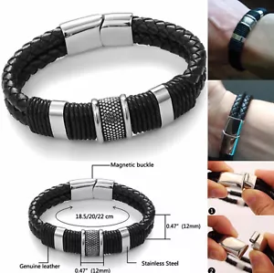Men's Stainless Steel Magnetic Buckle Bracelet Bangle Cuff Leather Braided 1pc - Picture 1 of 1
