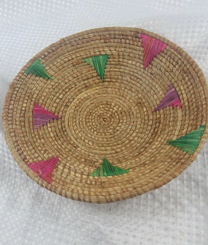 African Hand Woven Coil Basket Plate Pink Jade Green Folk Art Design 7.5" SB Cover