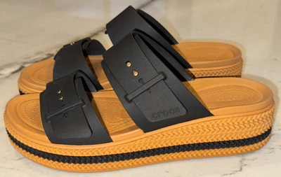Crocs Brooklyn Mujer Plataforma Tobogán Zapatos Talla 11 Negro Correas Marrón Tejido Foto 1 de 4