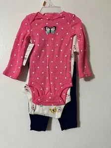 Preemie Baby Girl 3 pc Carter's Pants & Two Bodysuit Set Butterflies Polka Dots - Picture 1 of 2