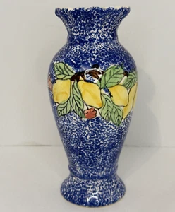 Vaso vintage dipinto a mano ceramica motivo foglia blu alto 6" - Foto 1 di 8