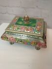 VTG Blue Bird Confectionery Tin Box with Lid Green Gold Pink Rose Floral 