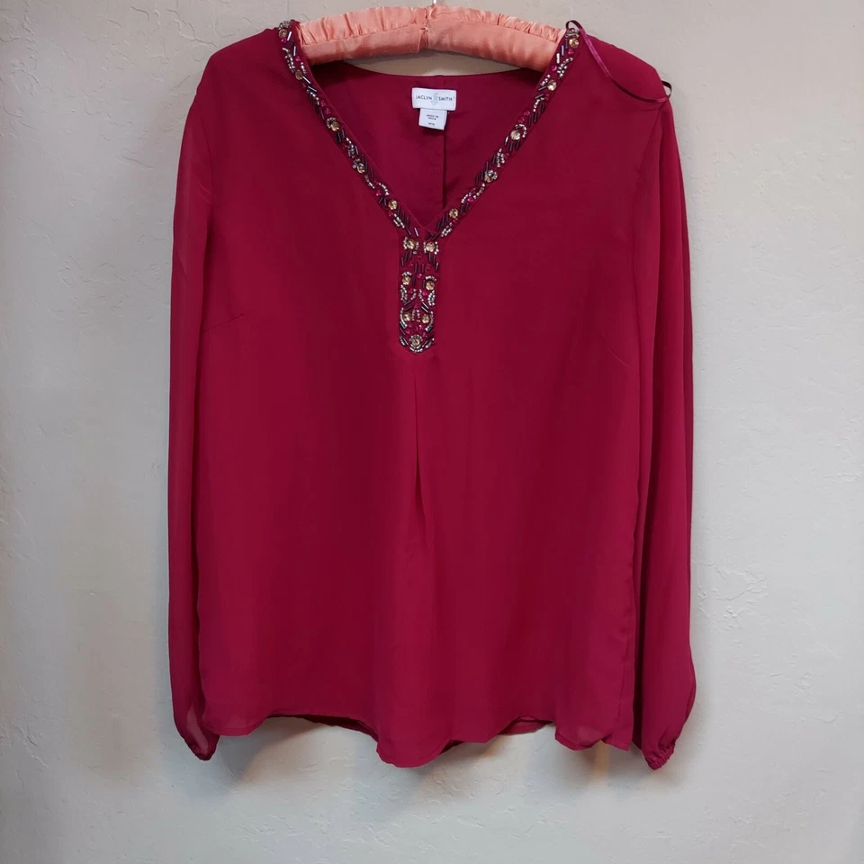 Jaclyn Smith Beaded Embellished Chiffon Top Blouse Medium Long Sleeve Maroon - Imagem 1 de 4