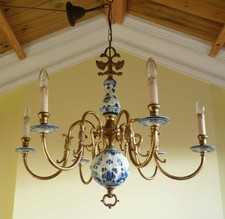 Stunning Vintage delft & brass Flemish chandelier ceiling light French Chic 