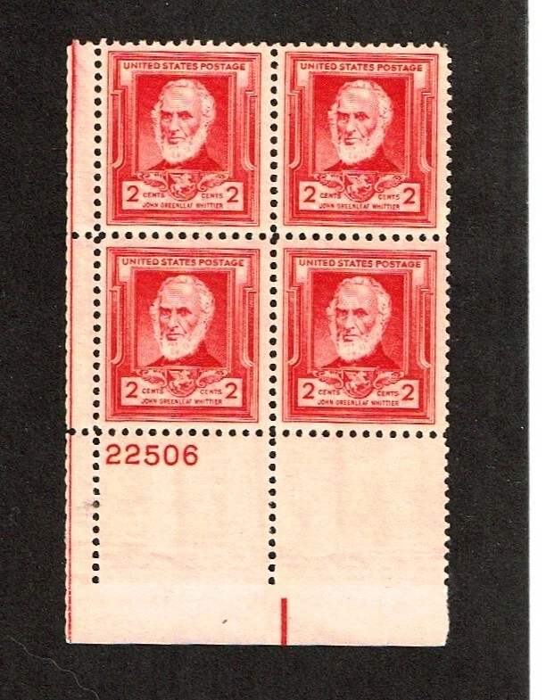 1940 U.S. FAMOUS AMERICANS 2c Carmine WHITTIER Plt#Blk of 4  Sc#865 M/NH/OG GEM! - Image 1 of 1