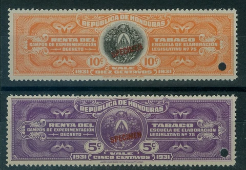 Honduras 1931, TOBACCO revenue or fiscal (x2) SPECIMEN, American Bank Note Co Cover