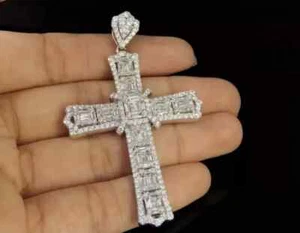 2.00Ct Baguette Cut Lab Created Diamond Cross Pendant 14K White Gold Plated - Picture 1 of 5