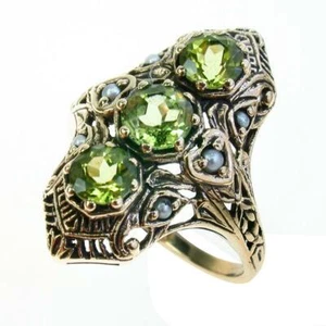 Vintage Peridot & Pearl Ring, 9ct 9k Solid Gold, Anniversary R122 Custom - Bild 1 von 1