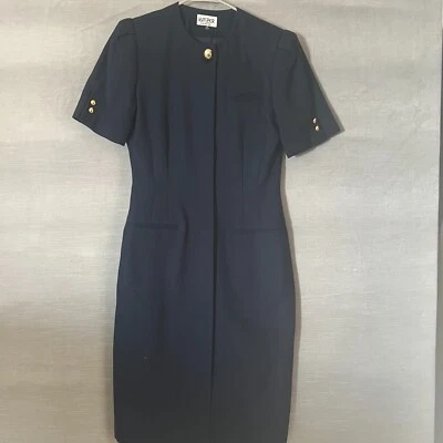 Kasper vintage para A.S.L. Vestido Vaina Azul Marino Botón Frontal Carrera Talla 8 Foto 1 de 4