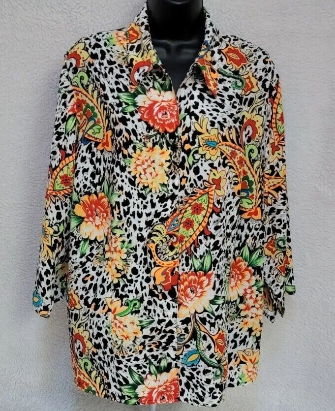 Camisa Top Blusa Joanna Mujer Talla 1X Multicolor Estampado Floral Animal Foto 1 de 4