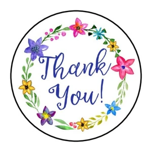 30 1.5" THANK YOU FLOWER WREATH FAVOR LABELS ROUND STICKERS ENVELOPE SEALS - Picture 1 of 1