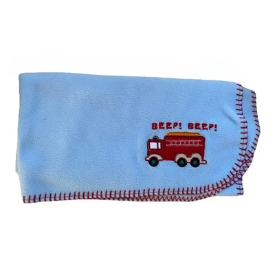 Manta de bebé polar azul Baby Connection camión de bomberos pitido borde cosido rojo Foto 1 de 4