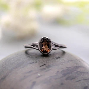 Natural Smoky Quartz Oval Ring 925 Sterling Silver Black Oxidized Boho Jewelry - Picture 1 of 24