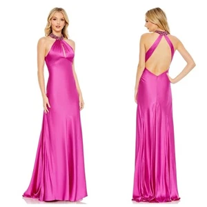 NEW Mac Duggal Embellished Halter Neck Keyhole Satin Gown Pink Rhinestone 10 - Picture 1 of 12