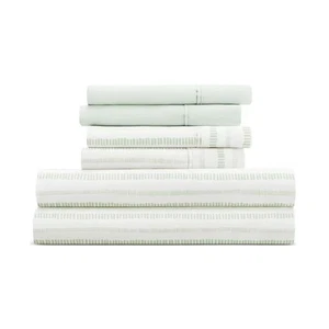 Kaycie Gray Microfiber 4 Piece Sheet Set Twin XL Size Green Dashed Stripe - Picture 1 of 5