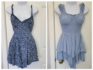 Pair Of 2 Princess Polly Blue Rompers Love Galore And Thunderclouds Floral Sz 2 - Picture 1 of 16