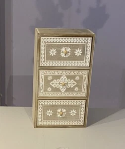 Rustic Shabby Chic Jewellery Box 3 Chest Drawers Storage Hand Carved Floral - Picture 1 of 3