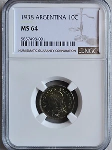 Argentina 10 Centavos 1938 NGC MS 64 - Picture 1 of 2