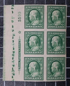 Scott 383 1 Cent Franklin OG MH Plattenblock links # 5599 Initialen SCV - 50,00 $ - Bild 1 von 2