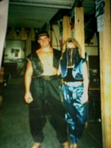 COUPLES Harem COSTUMES Handmade Genie Blue Black Satin Gold Trim 2 pc each - Picture 1 of 10