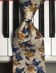 MONSIEUR GIVENCHY /Fruit & Foliate Fantasy Silk Tie In Blue & Brown on Off-White - Picture 1 of 7
