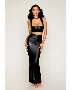 Stretch Faux Leather Harness Bra & Long Slip Skirt - Black LG - Picture 1 of 2