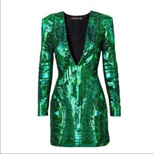 Balmain H&M Green Sequin Plunging V-Neck Long Sleeve Dress 4