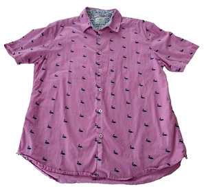 Level Ten Men's L Pink Flamingo Print Short Sleeve Button Up Shirt Beach Coastal - Picture 1 of 8