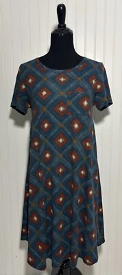 Lularoe Carly качели платье Flowy женщин размер XS синий оранжевый бриллиант печать карман - Изображение 1 из 4