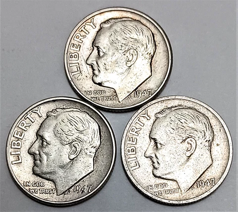 1947 PDS Roosevelt 3 Dime Set 90% Silver 1947-P 1947-D 1947-S Cover