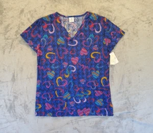 B Scrubs Medical Nursing Scrub Top Womens Tag Size M Blue Short Sleeve Hearts - Picture 1 of 14