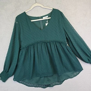 Womens Babydoll Top M Emerald Green Cottagecore Peplum Flowy Boho Peasant Blouse - Picture 1 of 12