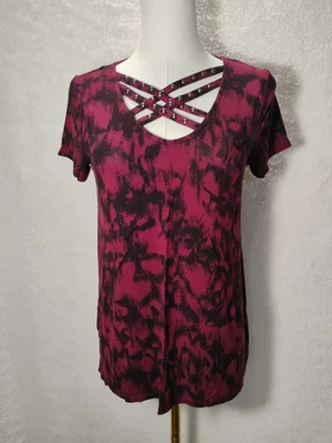 Camiseta para mujer Rock & Republic granate/negra con cuentas cruzadas/pecho cruzado talla XS Foto 1 de 4