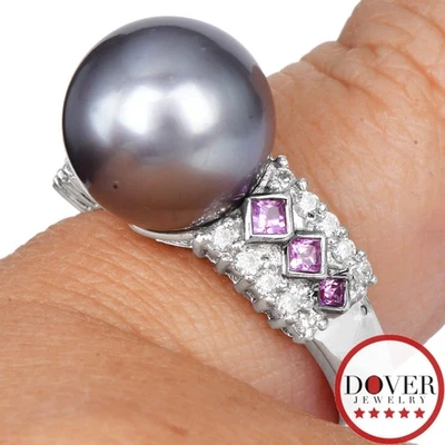 Estate Diamond Sapphire Pearl 18K Gold Geometric Statement Ring 6.6 Gr NR - Image 1 of 4