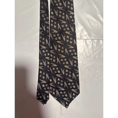 Polo by Ralph Lauren Silk Blend Mens Tie Navy Gold Fish Pattern Formal - Image 1 of 2