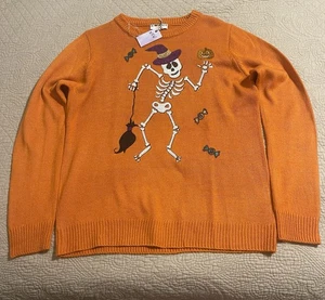 Halloween Sequined Skeleton Orange Sweater Women M Goth Skull Bat Pumpkin NWT - Picture 1 of 10