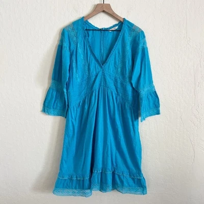 Mini Vestido Babydoll Sundance Boho Bordado Encaje Cuello en V Manga 3/4 Grande Azul Foto 1 de 4