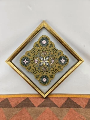 Arte textil vintage asiático flor seda bordado enmarcado decoración de pared 13x13 pulgadas Foto 1 de 4